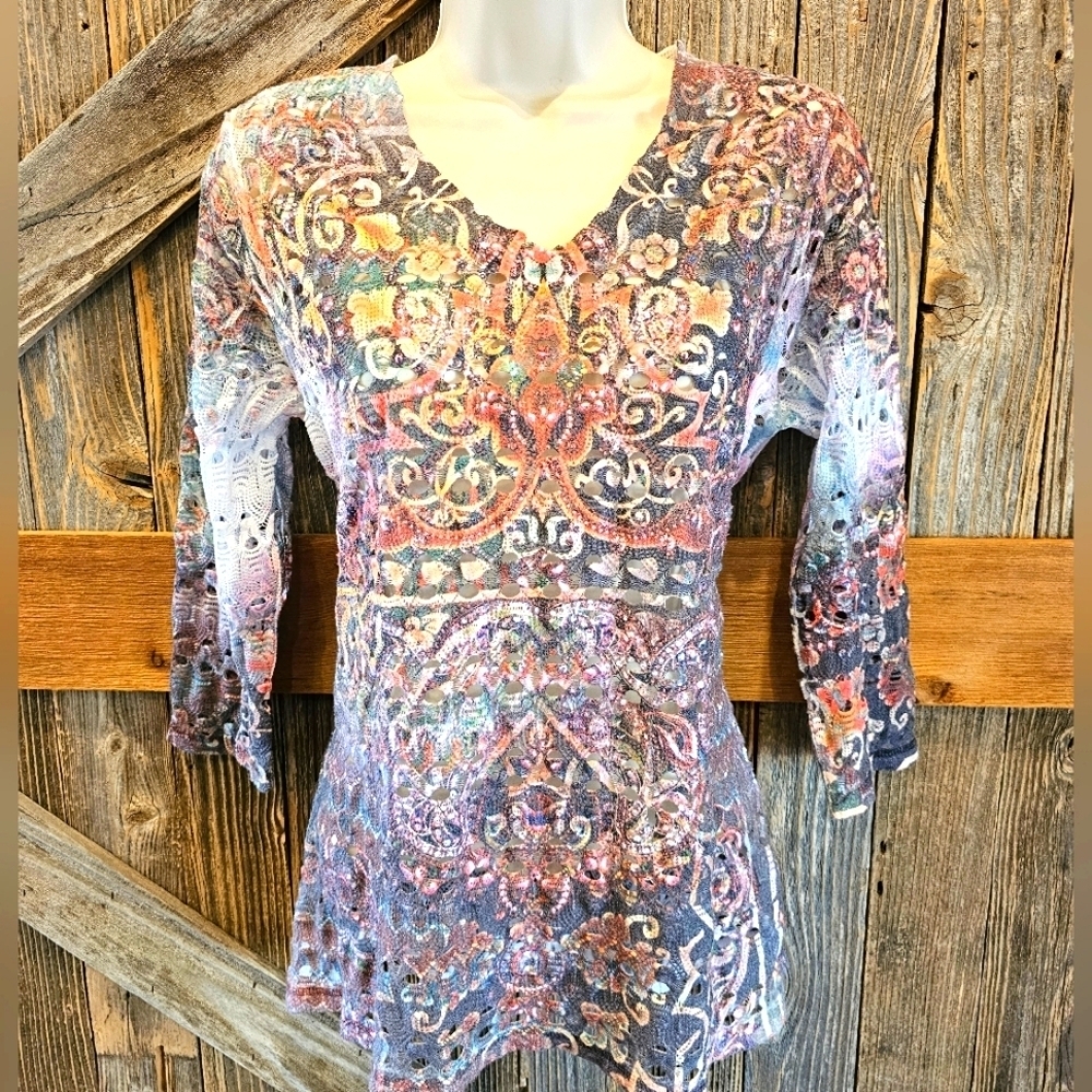 Wrangler Open Knit Top Floral Wrancher Shirts V-neck 3/4 Sleeves Women's SMALL S